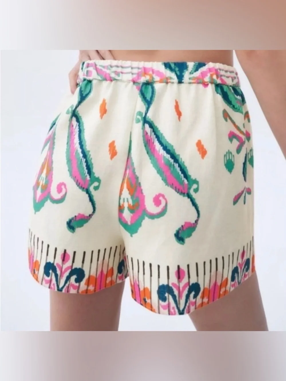 Zara Linen Blend Boho Green Leaf Print Drawstring Shorts NWT Womens Sz. S